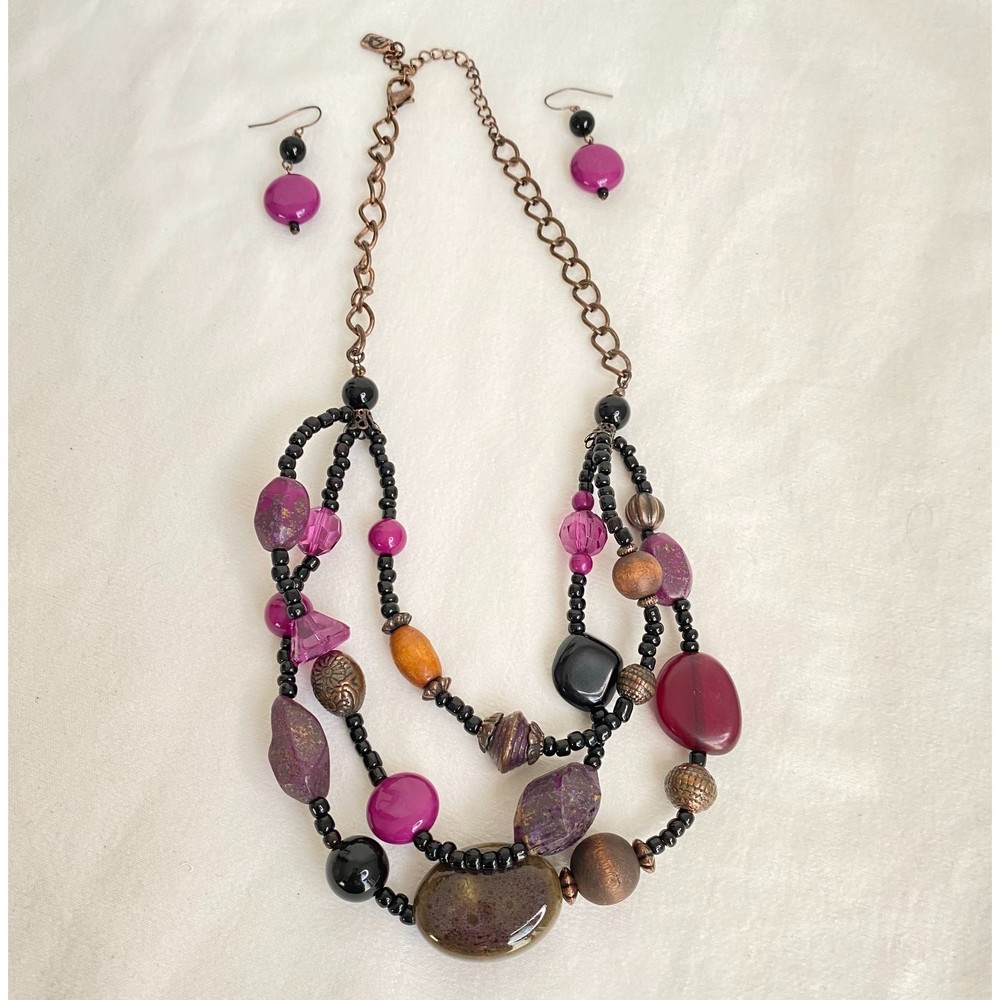 💎You & I Boho Necklace & Earrings Set Black & Purple Multi Media Beads
